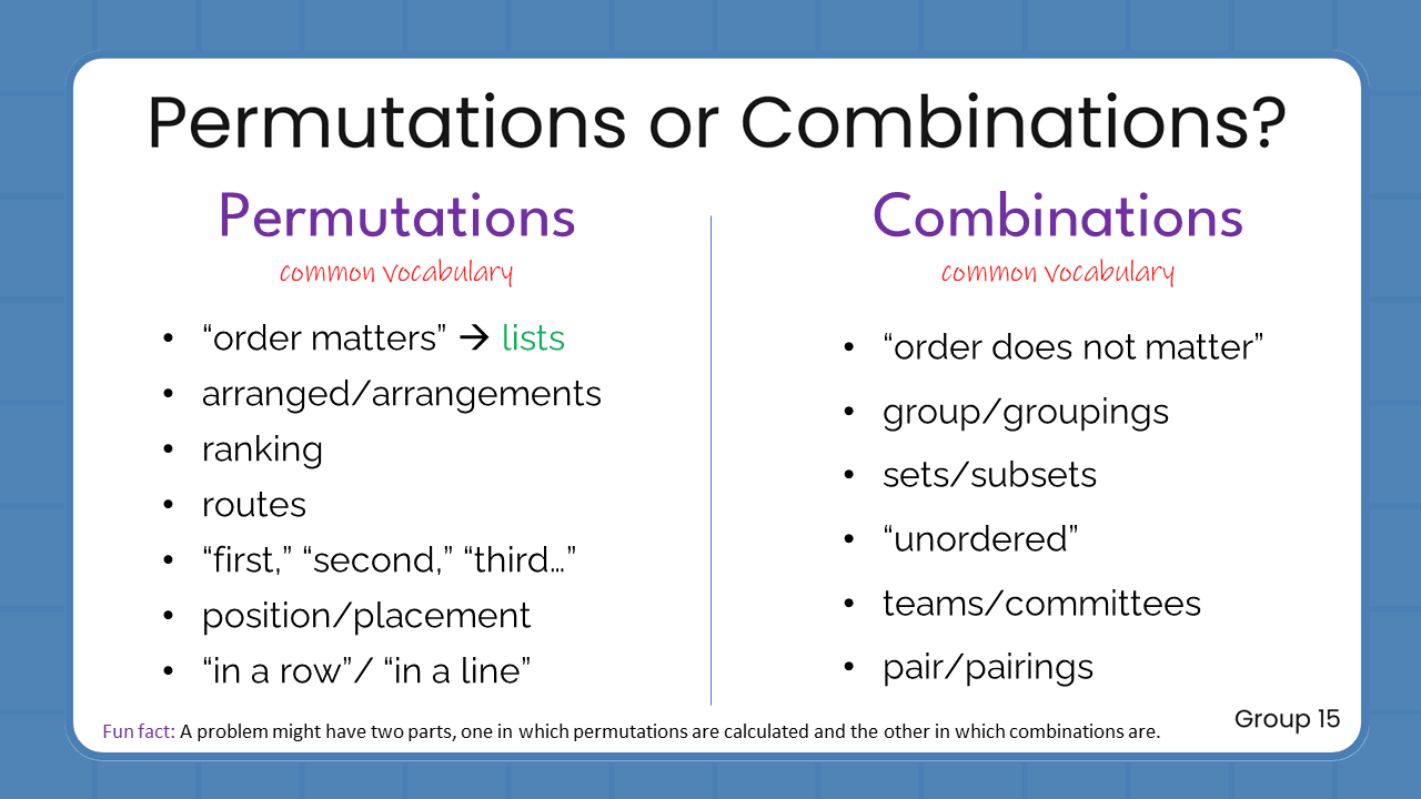 Quant Flashcards Group 15 - Permutations or Combinations?
