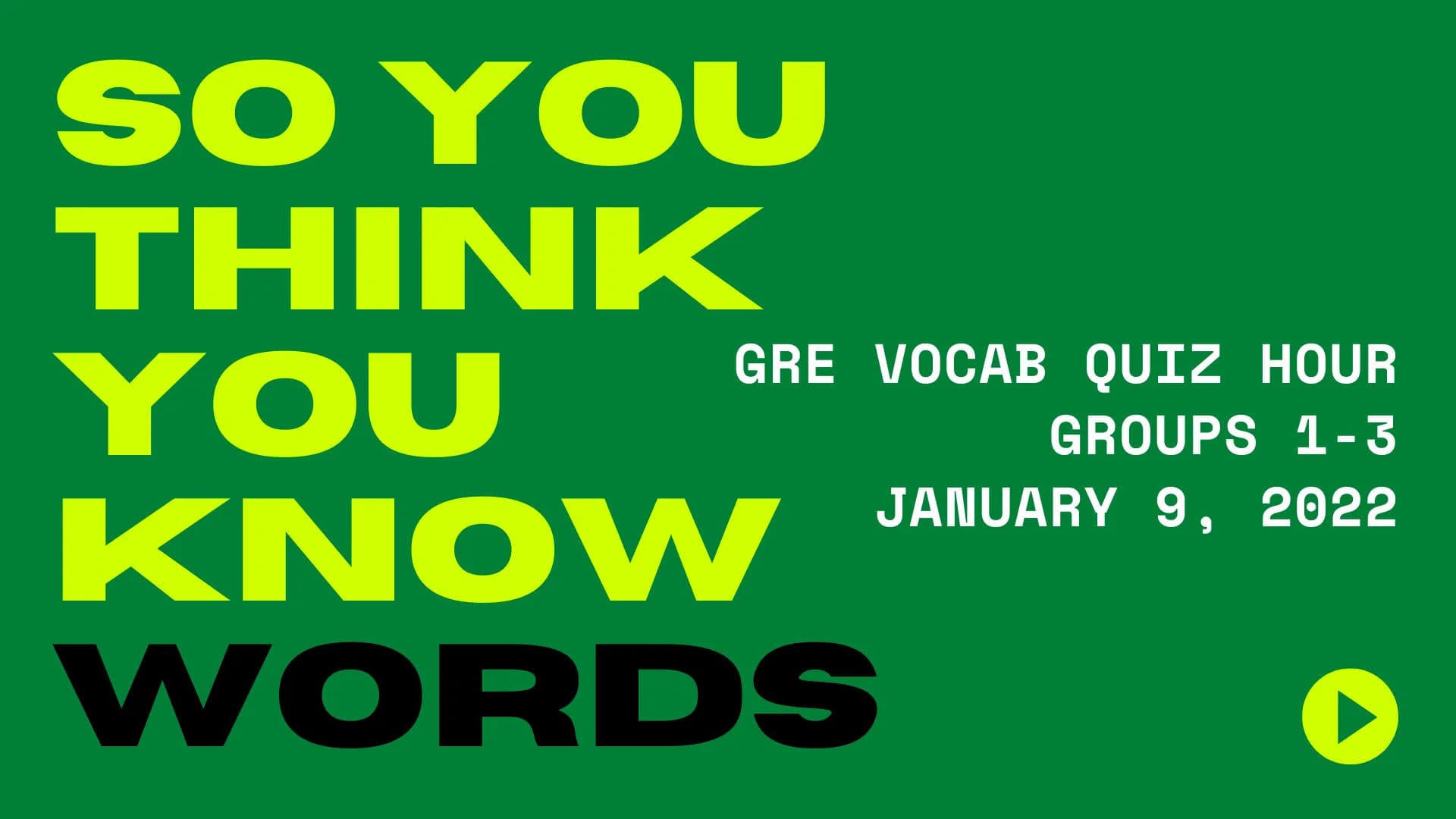 GRE Vocab Quiz Hour -- Groups 1-3 - January 10, 2022